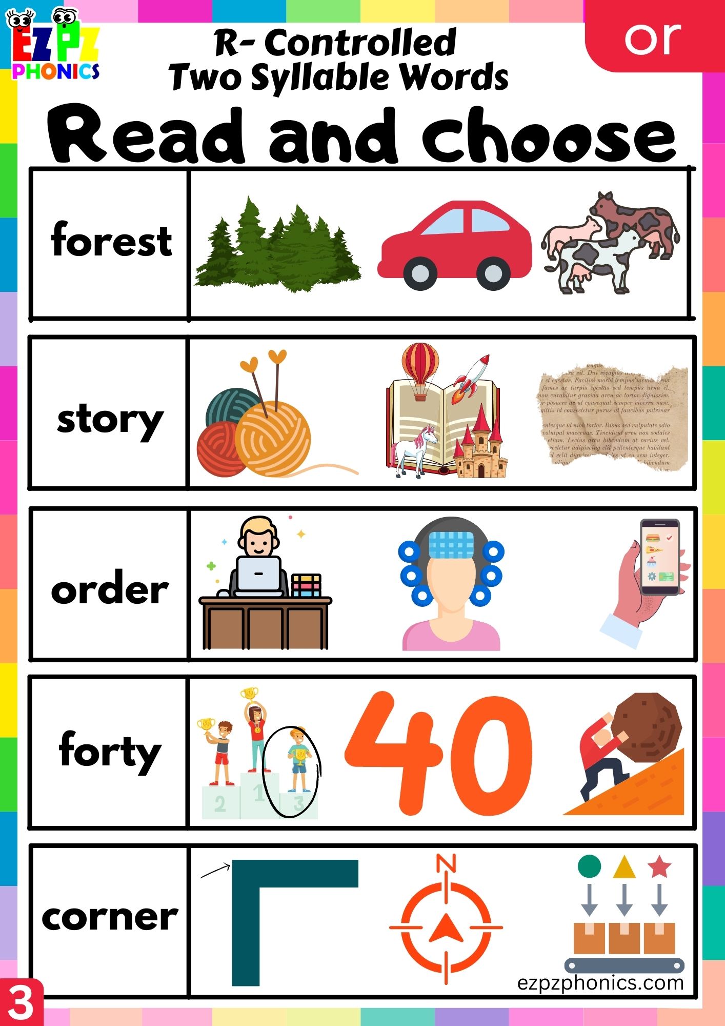 Read and choose worksheet for two syllable or words R Controlled Vowels Phonics group 3